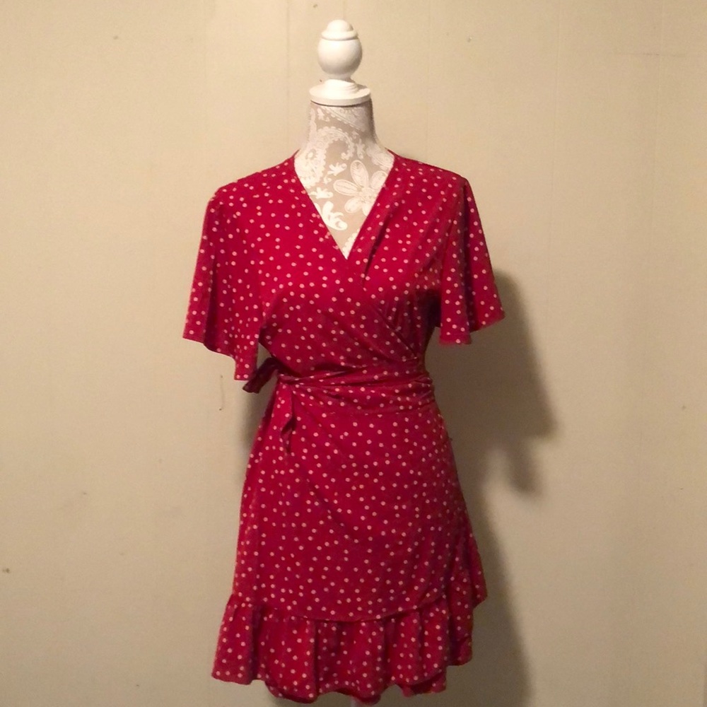 Red Wrap Dress With Polkadots